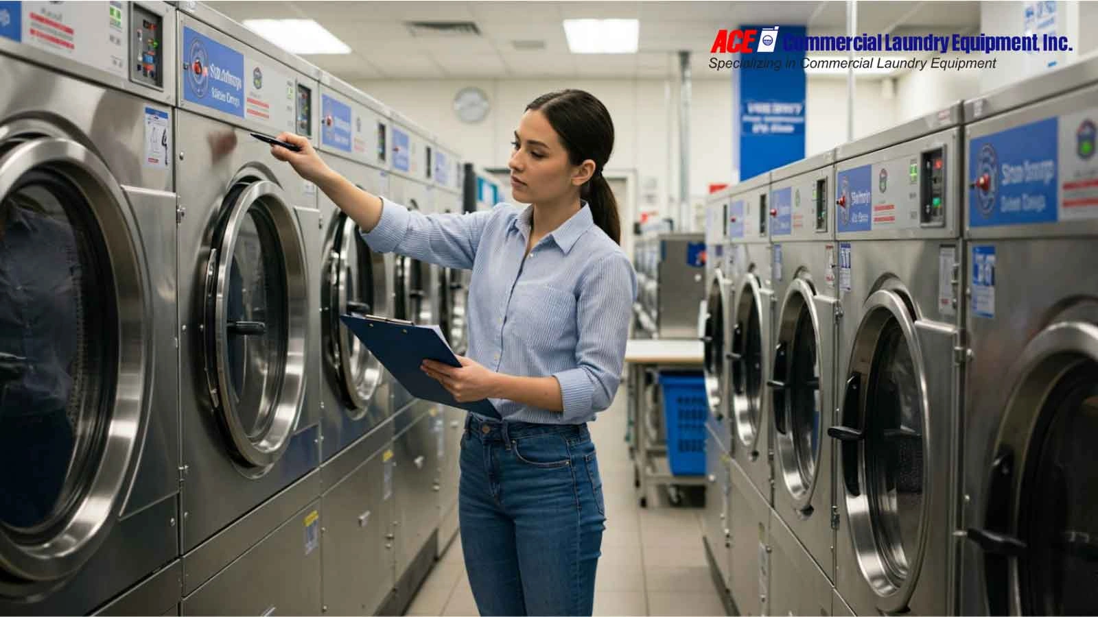 A staff member inspects industrial washing machines at a commercial laundry facility, representing the importance of regular maintenance and monitoring for optimal energy efficiency.
