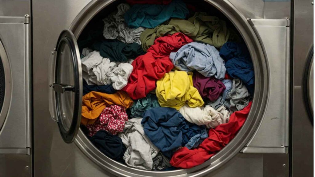 A commercial dryer loaded with mixed laundry, highlighting the impact of proper load sizing and machine usage on energy conservation in large-scale laundry operations.