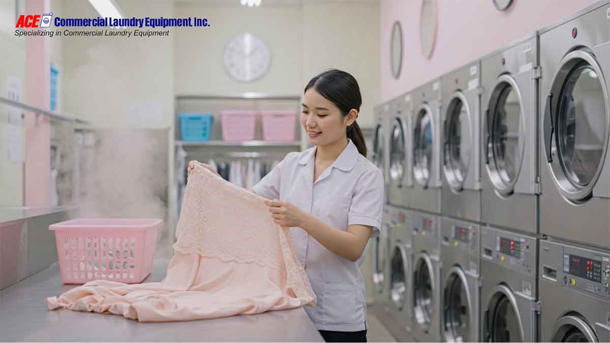 A laundry worker carefully inspecting a pink lace garment before washing in a commercial laundry facility with modern washing machines.