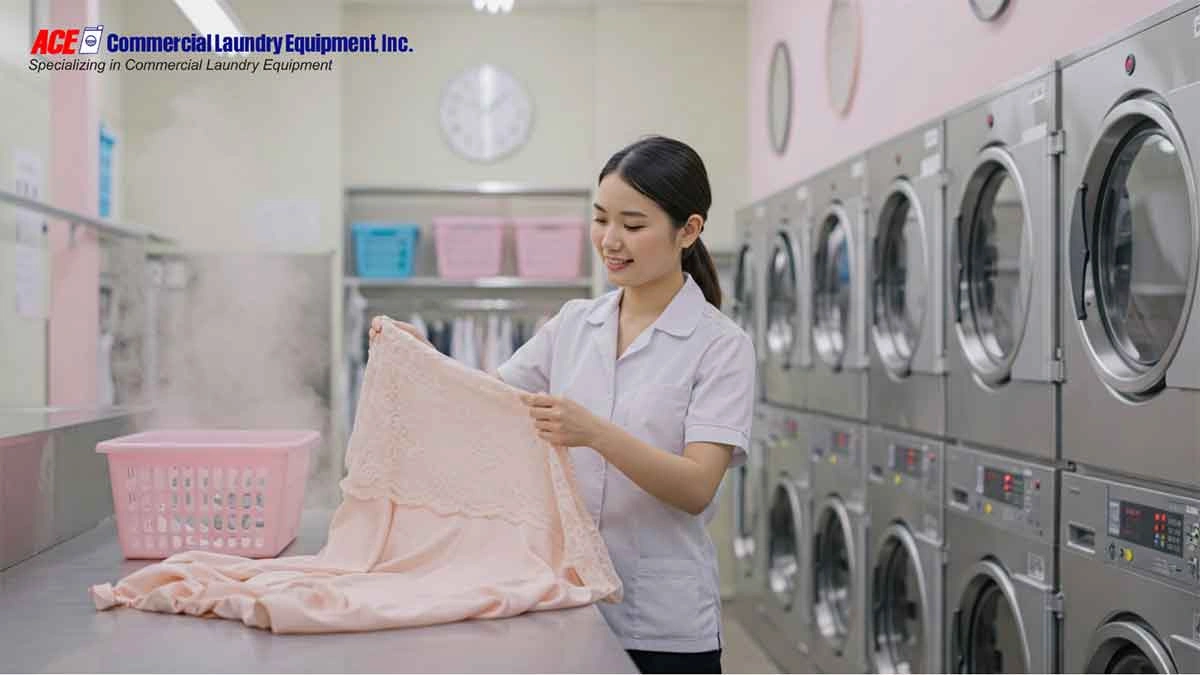 A laundry worker carefully inspecting a pink lace garment before washing in a commercial laundry facility with modern washing machines.