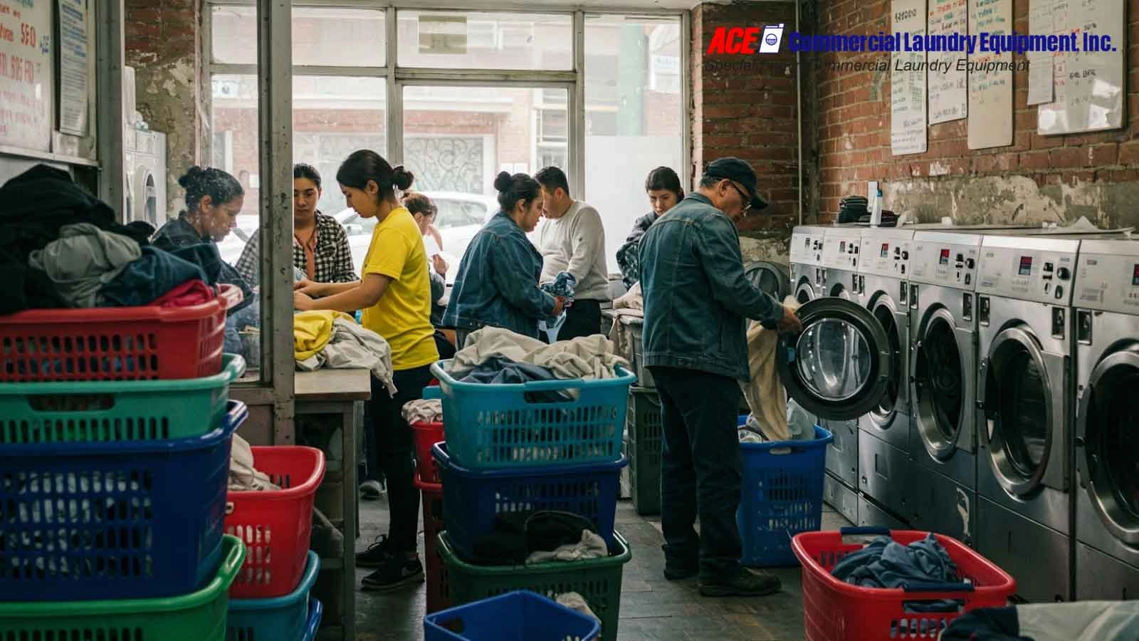 Busy commercial laundry room with people sorting clothes and loading washing machines.