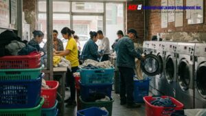 Busy commercial laundry room with people sorting clothes and loading washing machines.