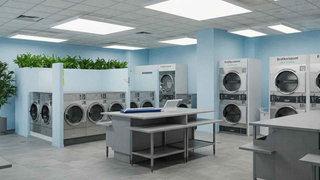 Modern, clean laundry room with industrial machines and folding stations. 
