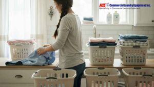 Woman folding neatly sorted laundry into baskets in a bright, organized laundry room.