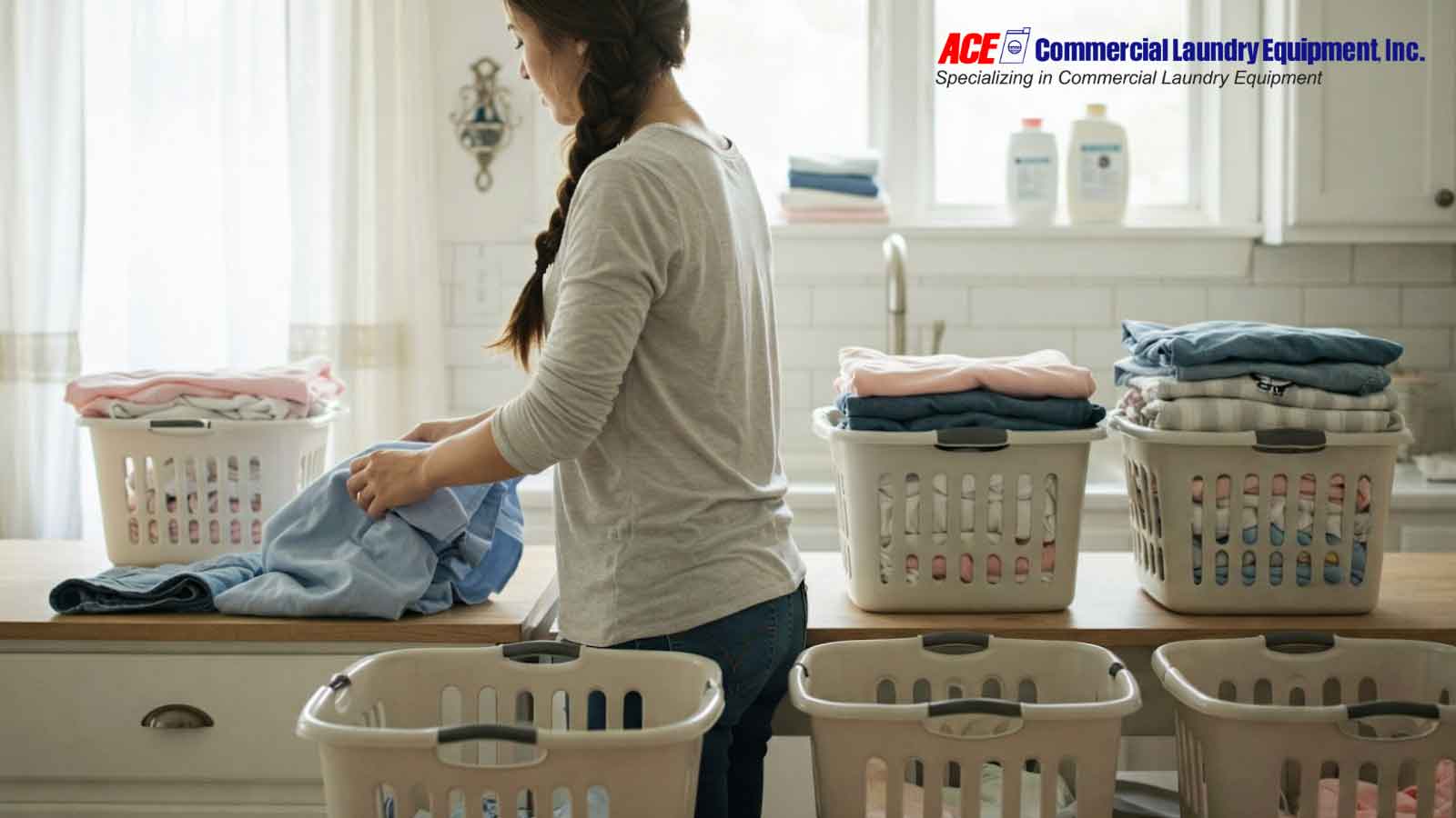 Woman folding neatly sorted laundry into baskets in a bright, organized laundry room.