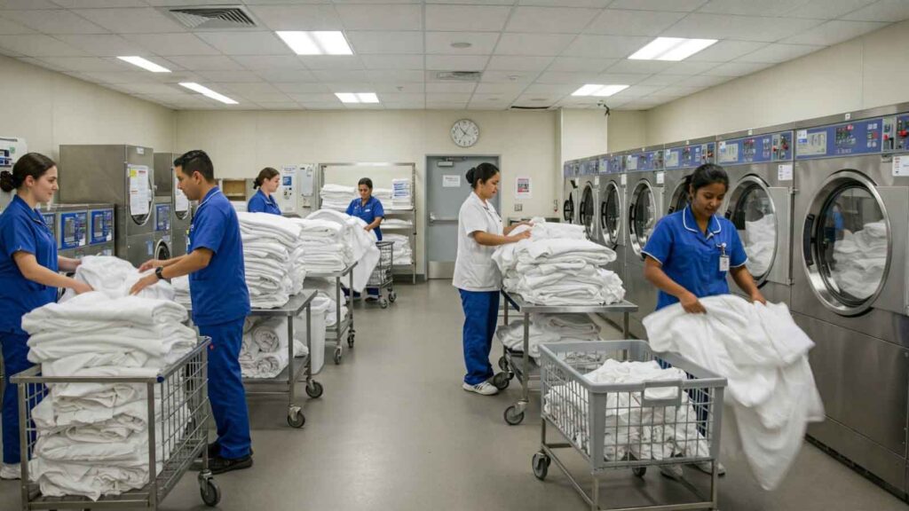 A team of laundry staff in blue uniforms folds white linens in a busy commercial laundry facility with large industrial washers.