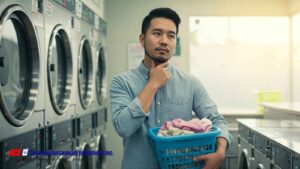 Man in laundromat deciding how to lower laundry costs effectively.