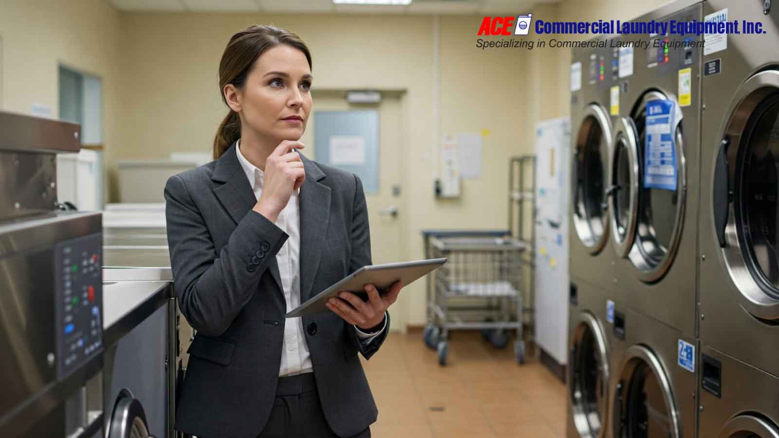 A woman in business attire inspects commercial laundry machines with a tablet in hand, evaluating options for laundry equipment.