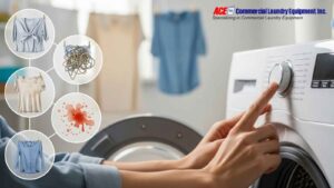 Hand adjusting wash settings to fix common laundry issues like color bleeding, wrinkles, or stains.