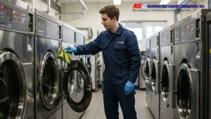 Technician wearing gloves cleaning the door and controls of a commercial washer.