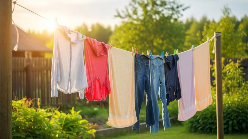 Clothes air-drying on an outdoor clothesline in the sun with a garden backdrop. 