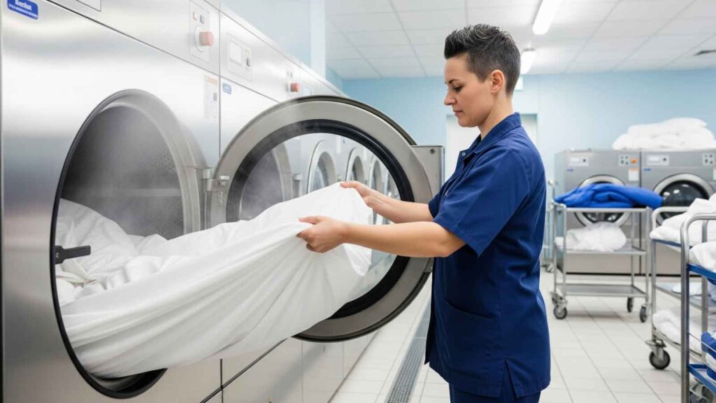 Worker in uniform placing a freshly cleaned white sheet into a steaming commercial dryer inside an industrial laundry room.