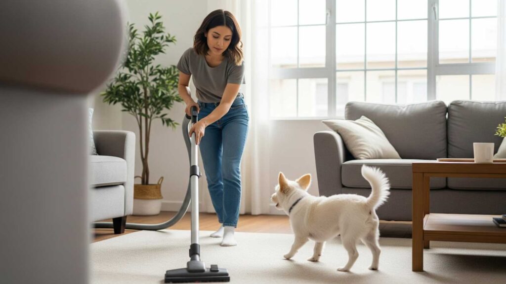 A woman vacuuming the living room carpet while her small white dog plays nearby, keeping the space pet-hair free.