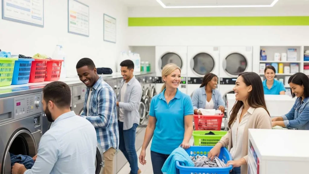 Employees being trained on using commercial laundry machines for efficient operations.