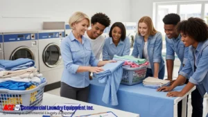 Trainer guiding laundry staff on proper folding techniques in a commercial laundry facility.