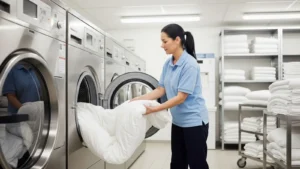 Laundry staff loading a large white comforter into a front-loading commercial washing machine in a professional laundry facility.