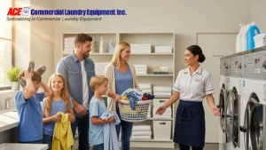 A smiling family with children bringing laundry to a laundromat, guided by a staff member near commercial washing machines.