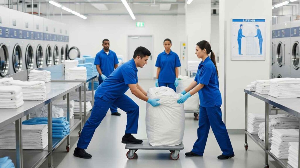 Laundry workers in uniform using proper lifting techniques with gloves and carts, highlighting teamwork and workplace safety in commercial laundry operations. 