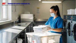 Staff member in protective gear folding sanitized laundry in a commercial facility, emphasizing hygiene and safe handling practices.