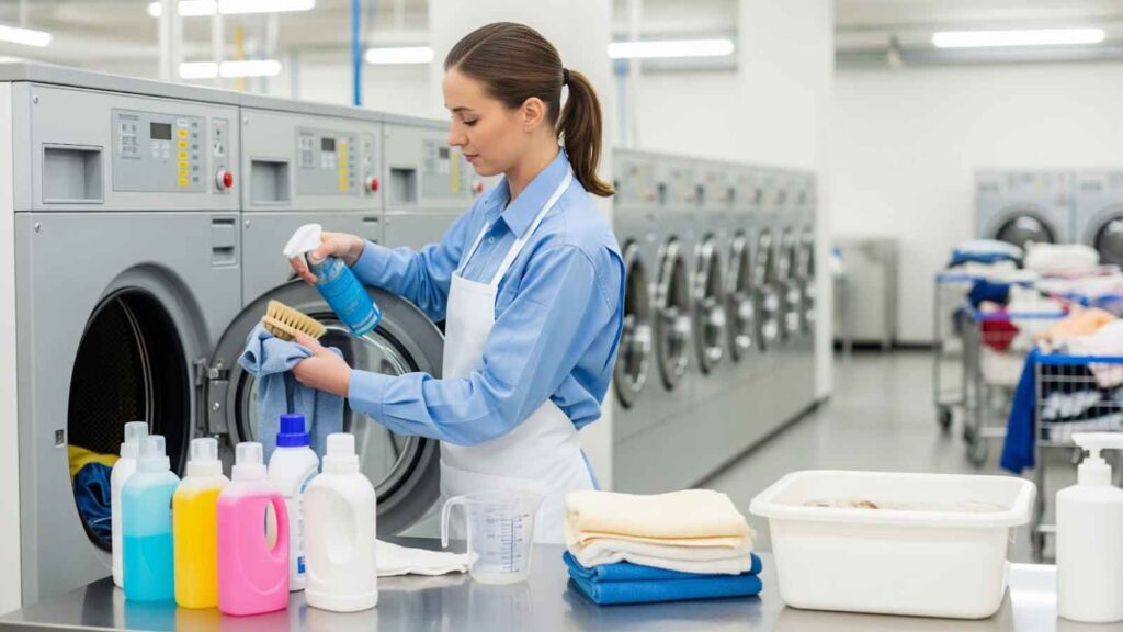 A laundromat worker cleaning the inside of a washing machine with detergent and tools, surrounded by folded laundry and cleaning supplies.