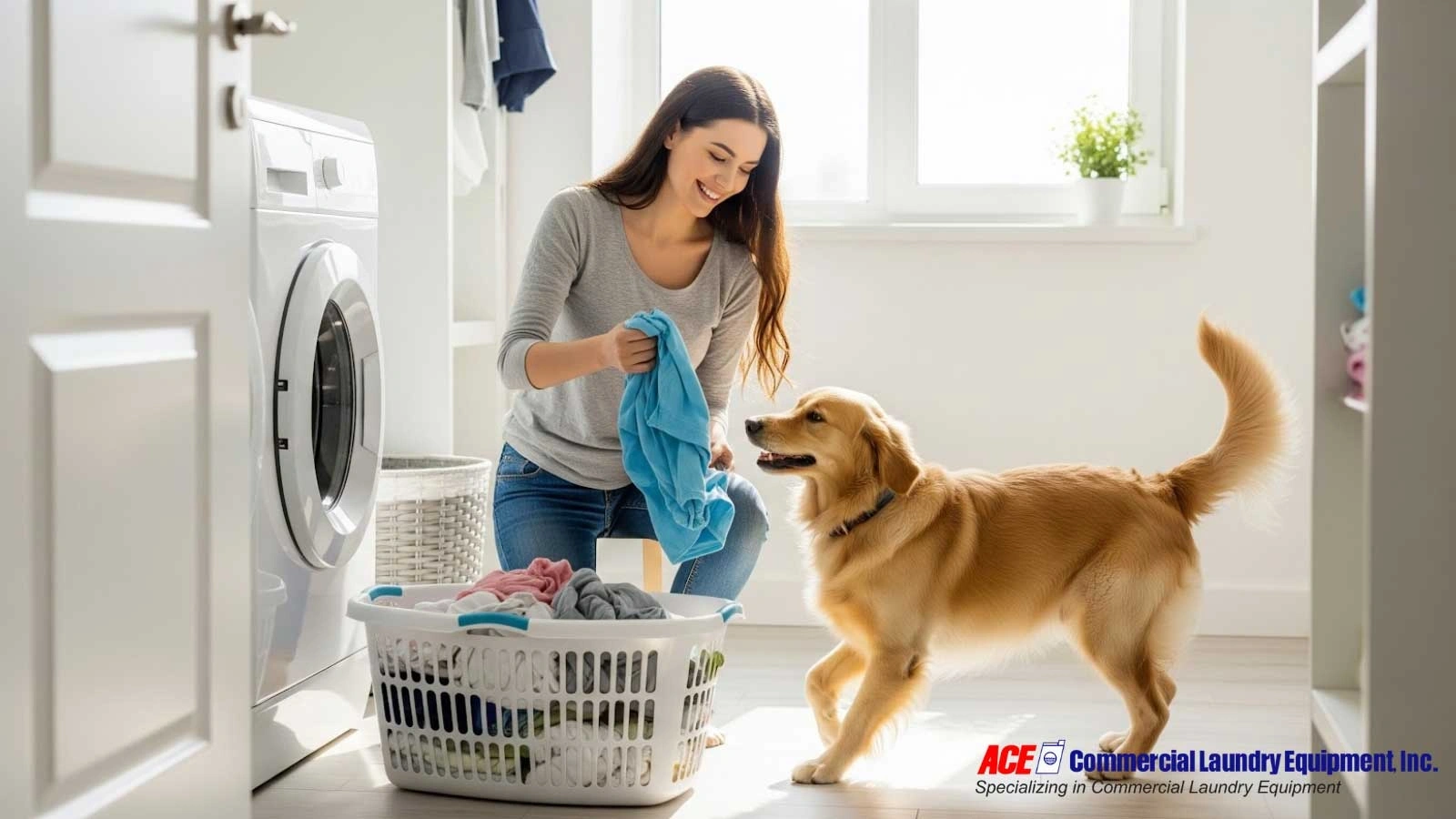 A woman smiling while doing laundry at home as her golden retriever dog watches beside a basket of clothes.