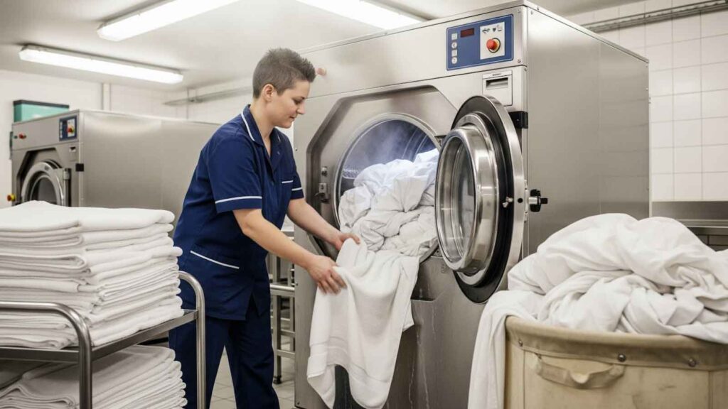 Laundry worker loading freshly washed white towels and linens into a large industrial dryer inside a clean, professional laundry room.
