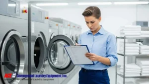 Employee in a commercial laundry room reviewing a setup checklist on a clipboard in front of industrial washing machines.