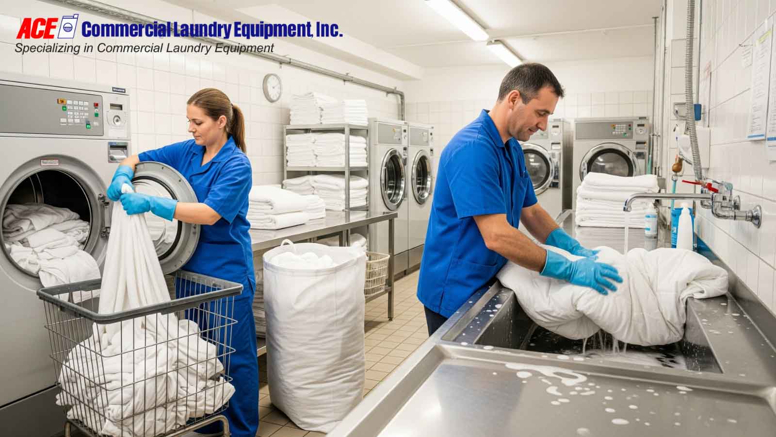 Two commercial laundry staff in blue uniforms washing and drying white linens in an industrial laundry facility, demonstrating proper hygiene practices for bedding and towels.