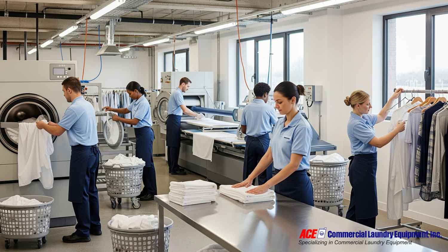 Team of employees efficiently operating commercial laundry machines, folding linens, and organizing garments in a professional laundry facility.