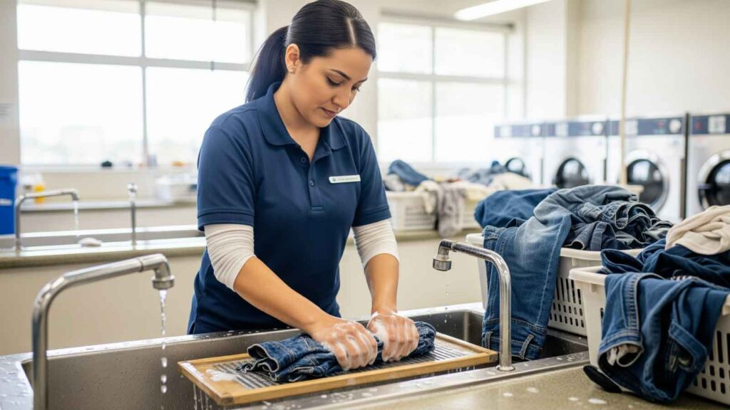 Laundry worker hand-washing jeans on a washboard in a laundromat sink with other jeans piled in baskets nearby.
