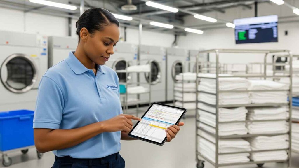 Commercial laundry manager reviewing digital workflow and machine data on a tablet to improve efficiency and productivity.