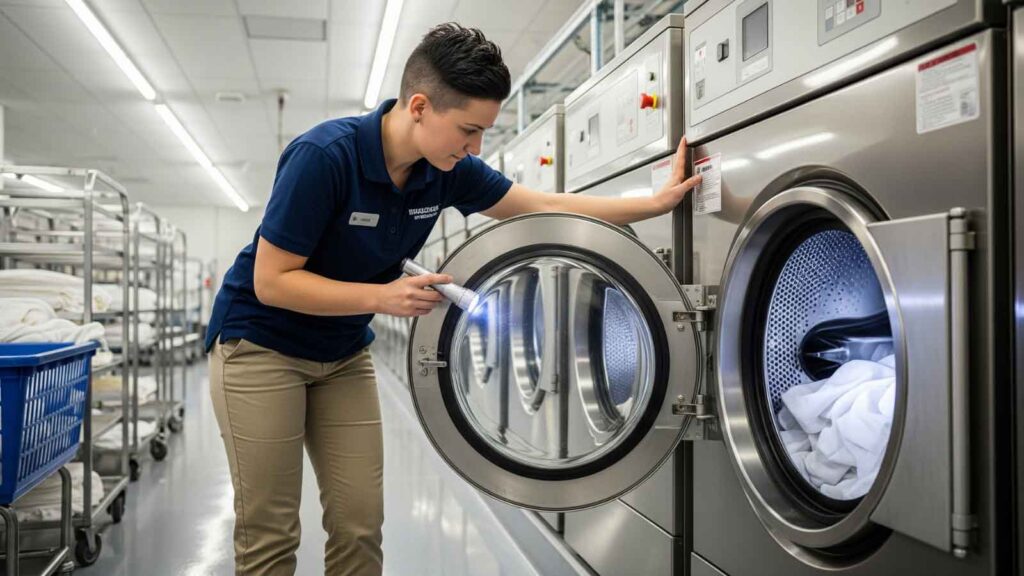 Commercial laundry worker using a flashlight to inspect the inside of a front-loading industrial washing machine in a clean facility. 