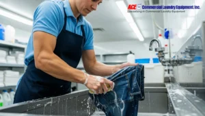 Person scrubbing a pair of jeans with a brush and soapy water at a commercial laundry sink.