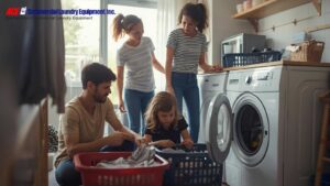 A family of four working together in the laundry room.