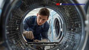 A technician inspecting the interior of a commercial laundry machine for molds.