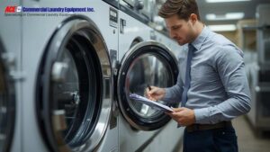 A technician performing a maintenance check on commercial laundry machines.