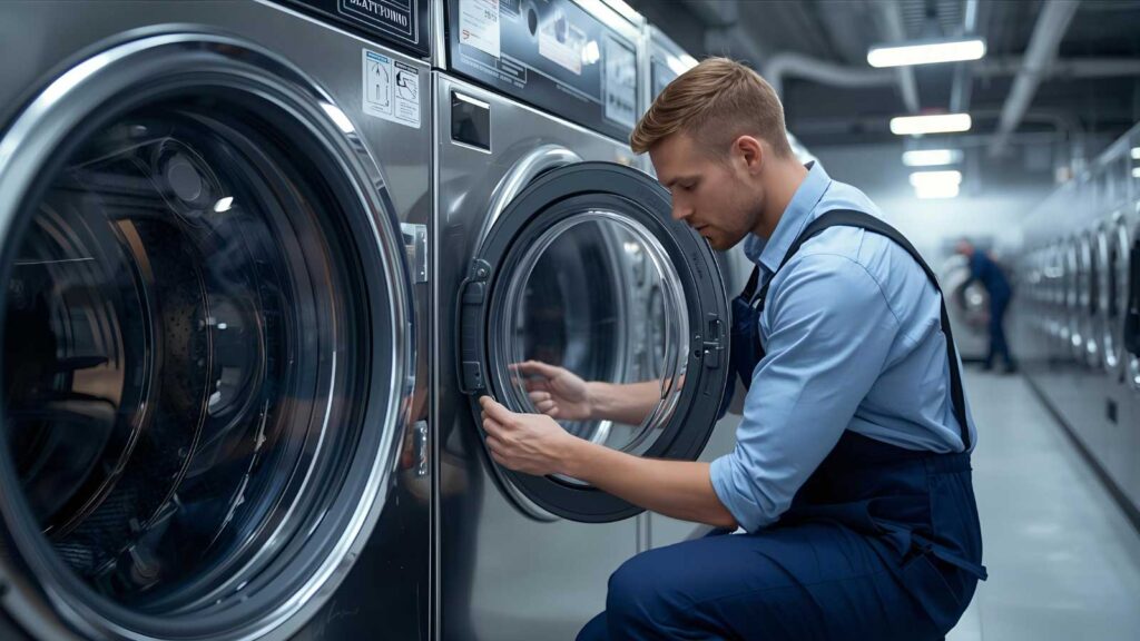A service technician checking the door seal of a commercial laundry machine during a routine maintenance check.