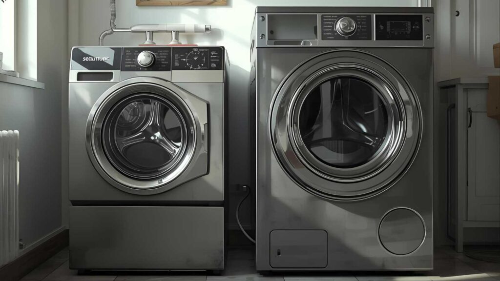 New and outdated commercial laundry equipment placed side by side in a laundry room.