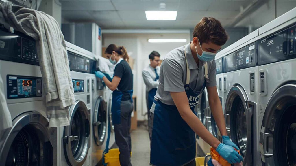 A team of laundry workers is cleaning the commercial laundry machines.