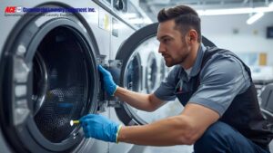 Maintenance professional inspecting a commercial washing machine at a laundry facility.