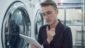 Business owner inspecting commercial washing machines and checking details on a tablet.