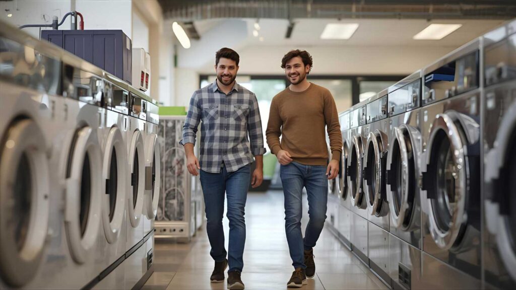 Two shoppers are comparing washing machines in a laundry equipment store.