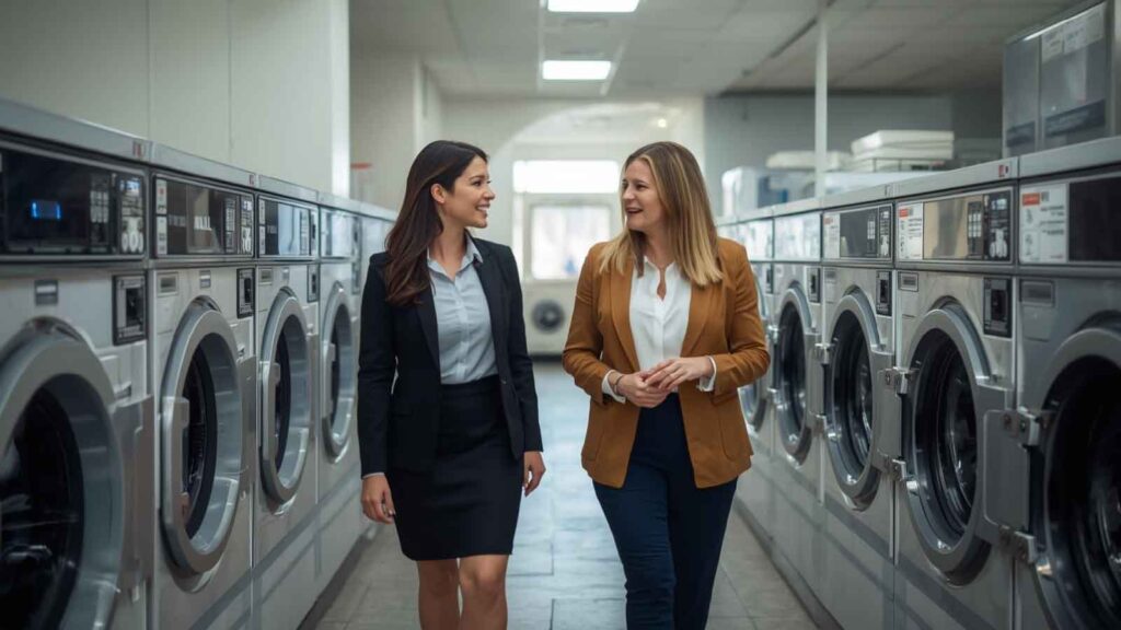 Two professionals reviewing layout and equipment options.