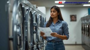 A woman examining a pamphlet with information on commercial laundry machines.