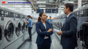 A businesswoman and a businessman are having a discussion in a large commercial laundry facility.