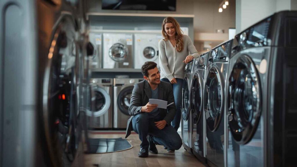 Two customers examine a washing machine in a store.
