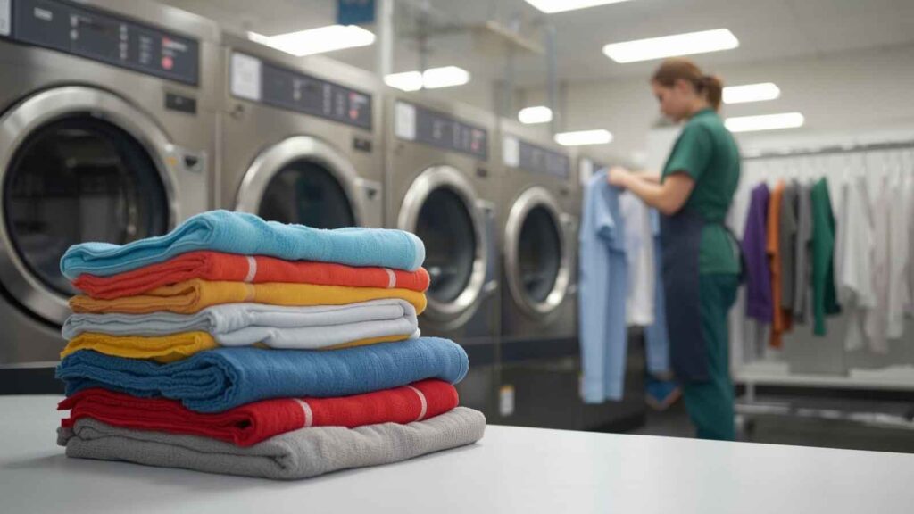 A woman in a green uniform working in a commercial laundry facility.