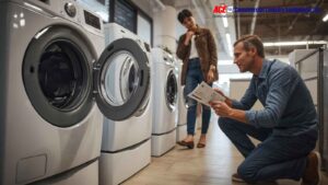 A man inspects a front-load washer while holding a brochure.