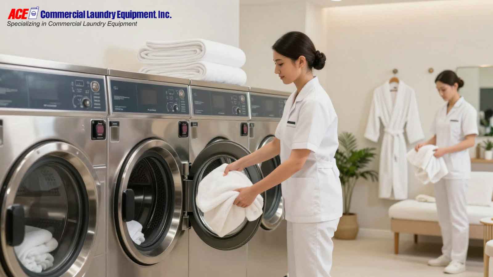 Spa staff loading white towels into front-load commercial laundry machines.