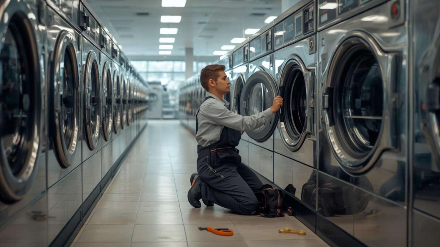 Technician inspecting a commercial front-load washing machine.